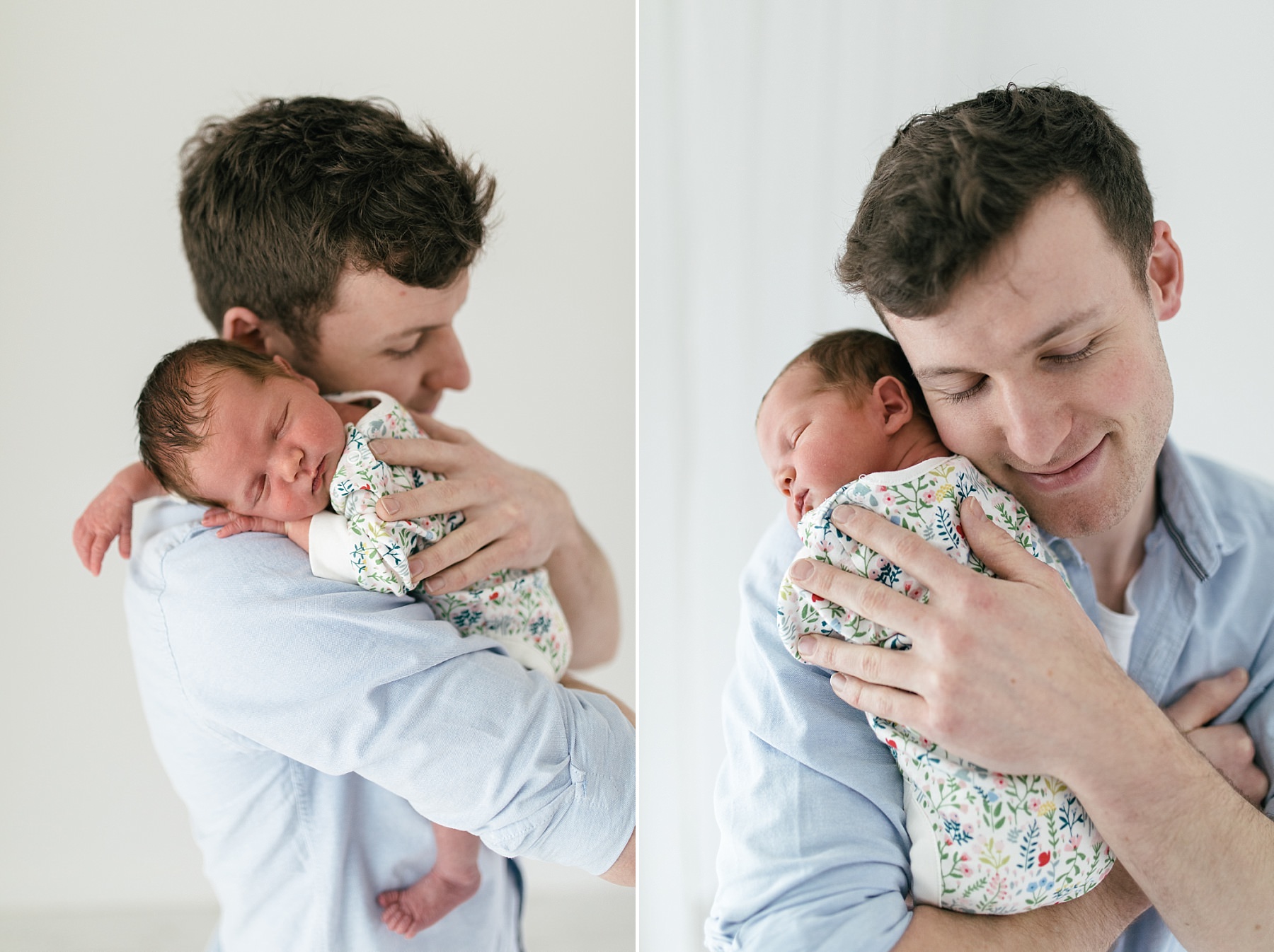 dad holding newborn baby in spring coloured babygrow in the stuio