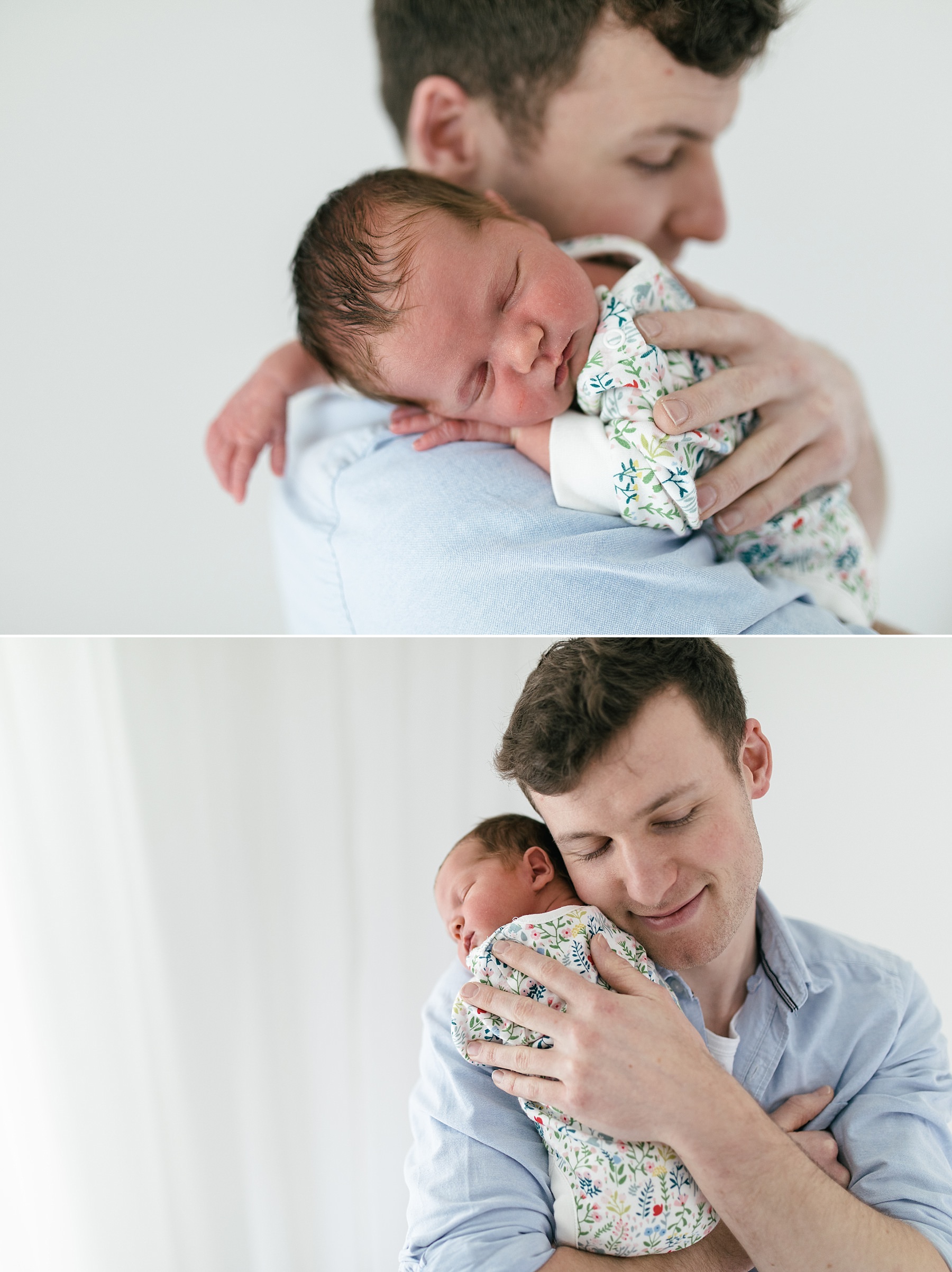 dad holding newborn baby in spring coloured babygrow in the stuio