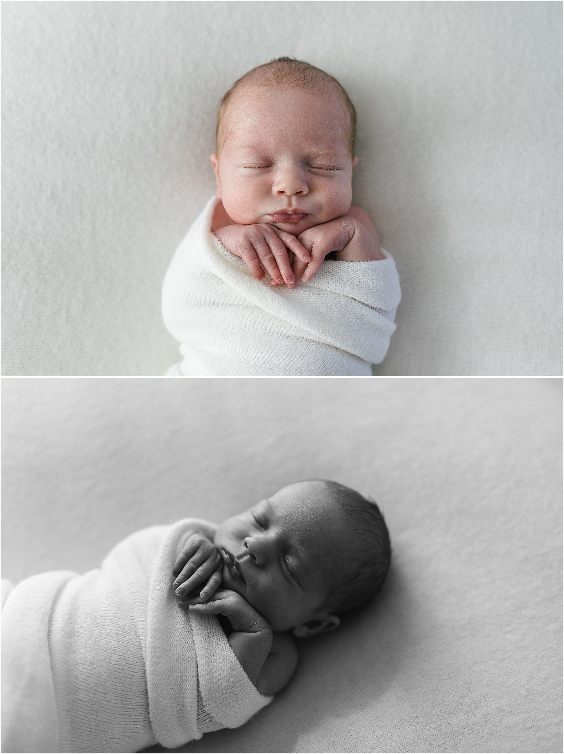 newborn baby wraped in white blanket in natural studio