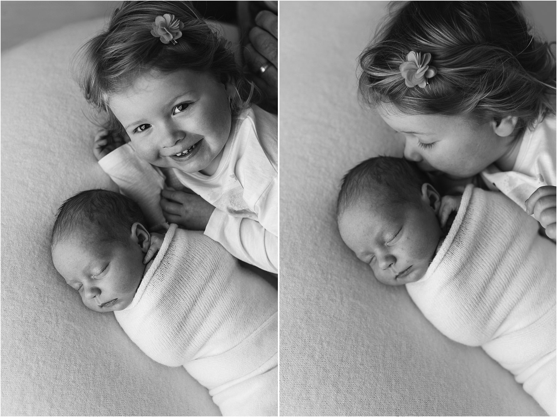 newborn baby with sibling toddler in natural studio