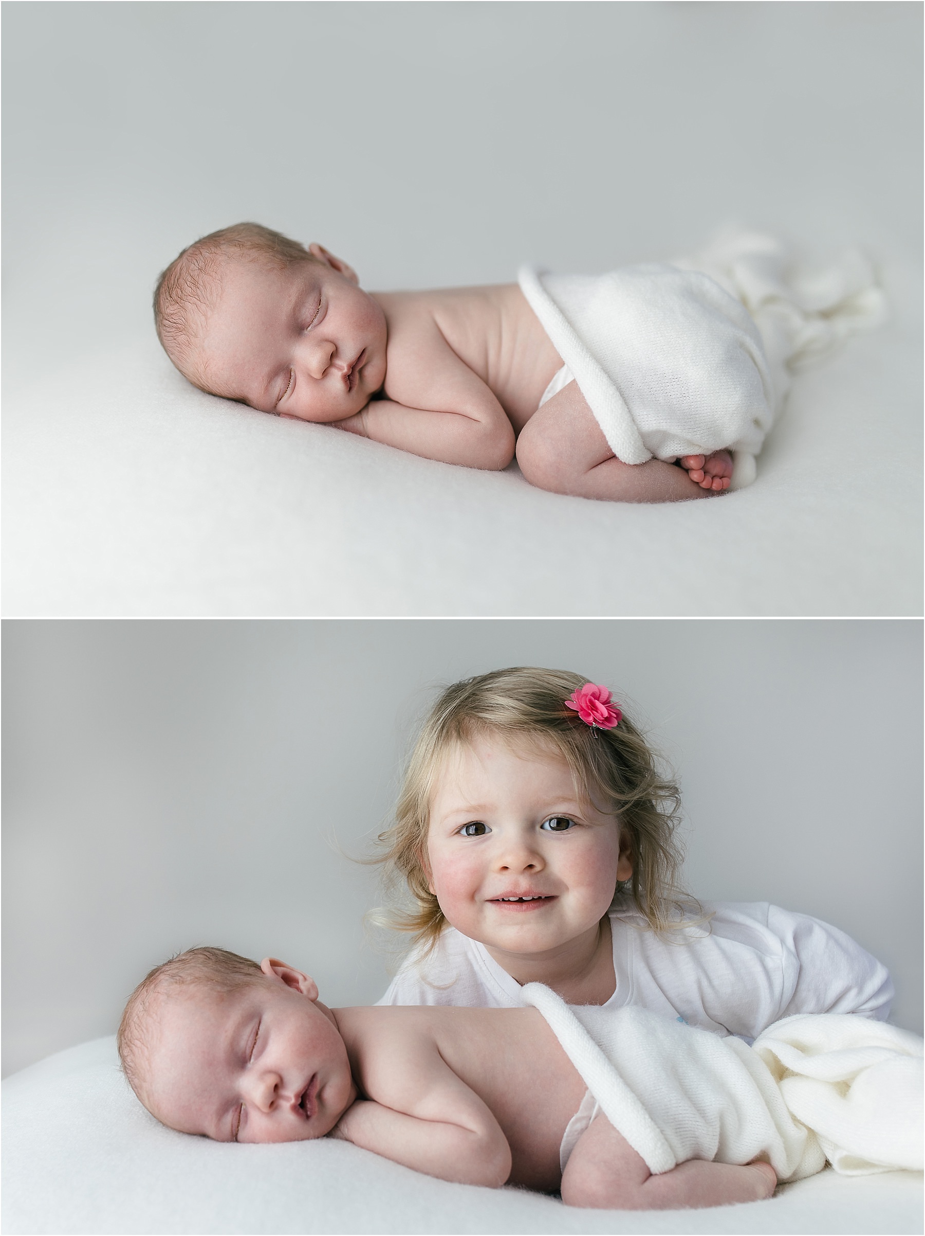 newborn baby wraped in white blanket in natural studio