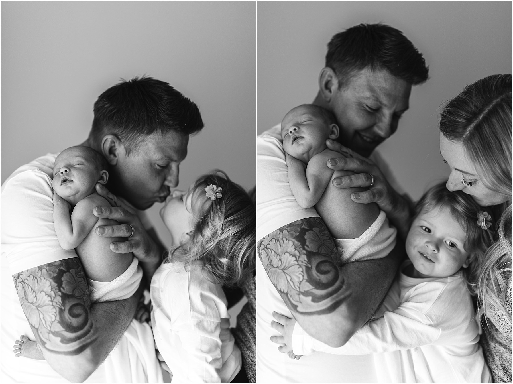 newborn baby with family in natural studio