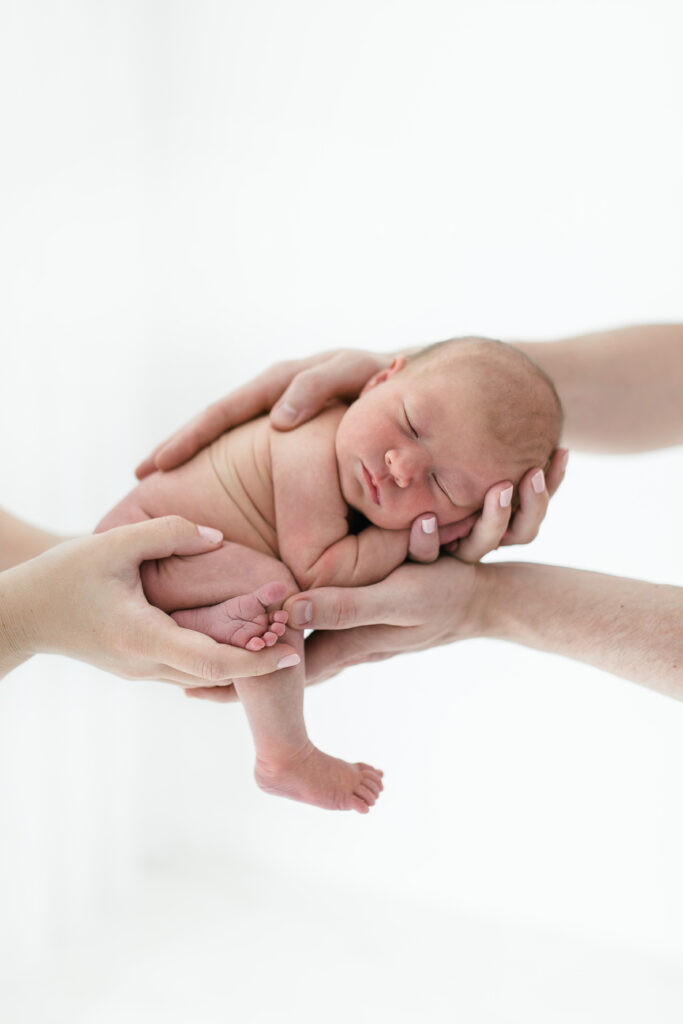 Newborn baby is held suspended in mum and dads hands 