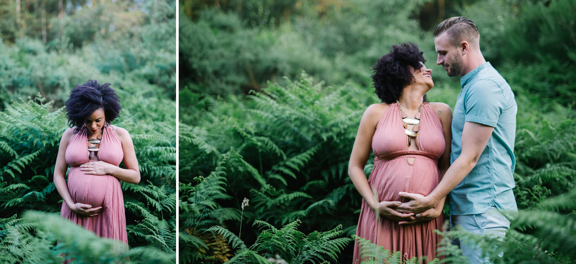 outdoor maternity of couple and mum in free people dress afro hair in ferns Maternity pregnancy bump image natural hampshire berkshire surrey yasmin anne photography