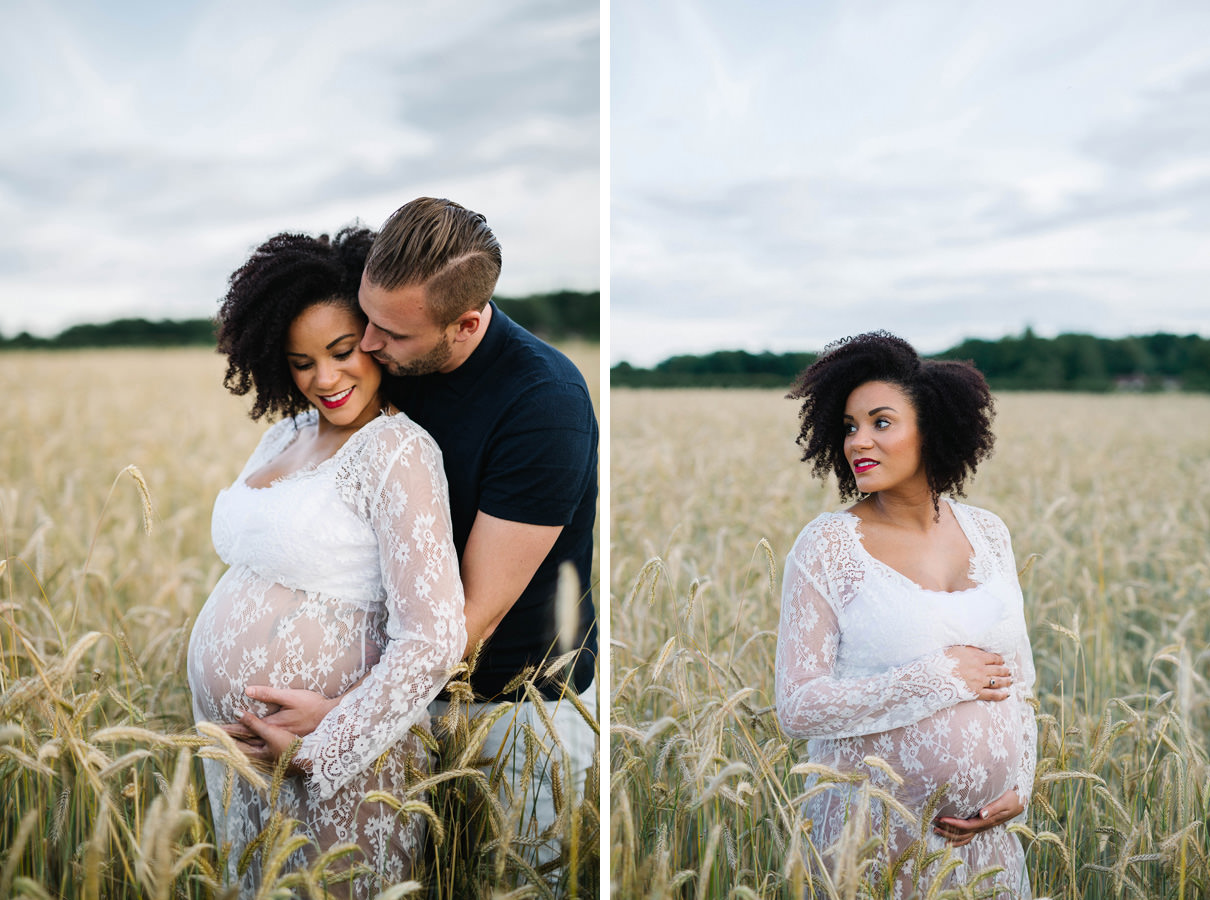 pregnancy maternity shoot in feild with partner afro hair Maternity pregnancy bump image natural white studio eversley hampshire. berkshire and surrey yasmin anne photography