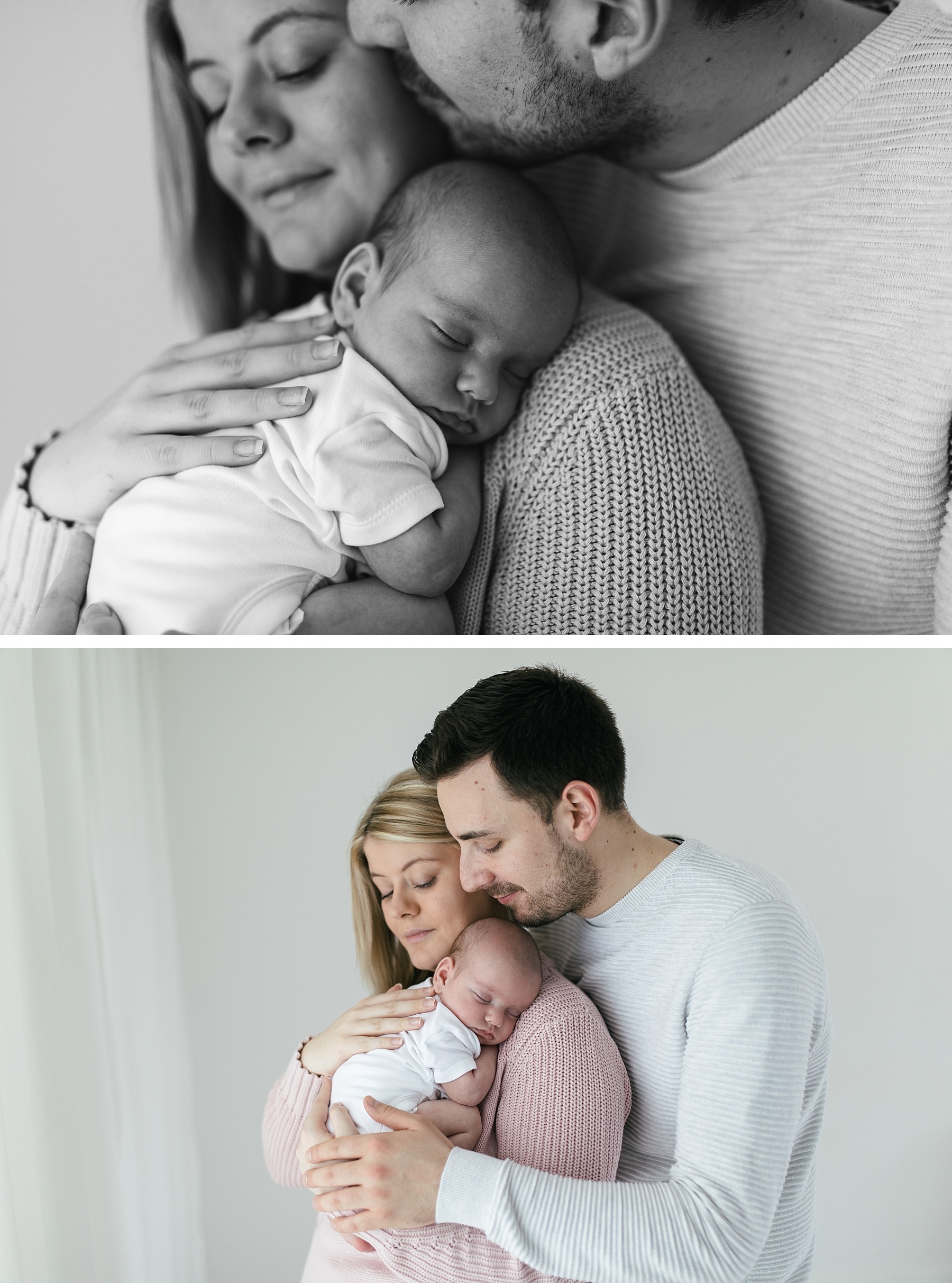 natural newborn photography basingstoke mum and dad kissing baby black and white