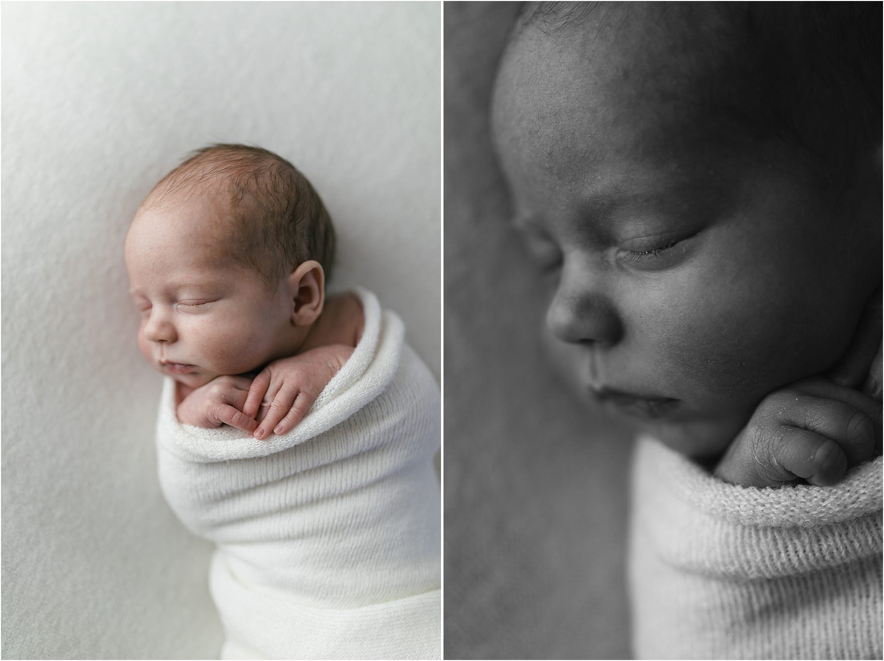 newborn baby wraped in white blanket in natural studio