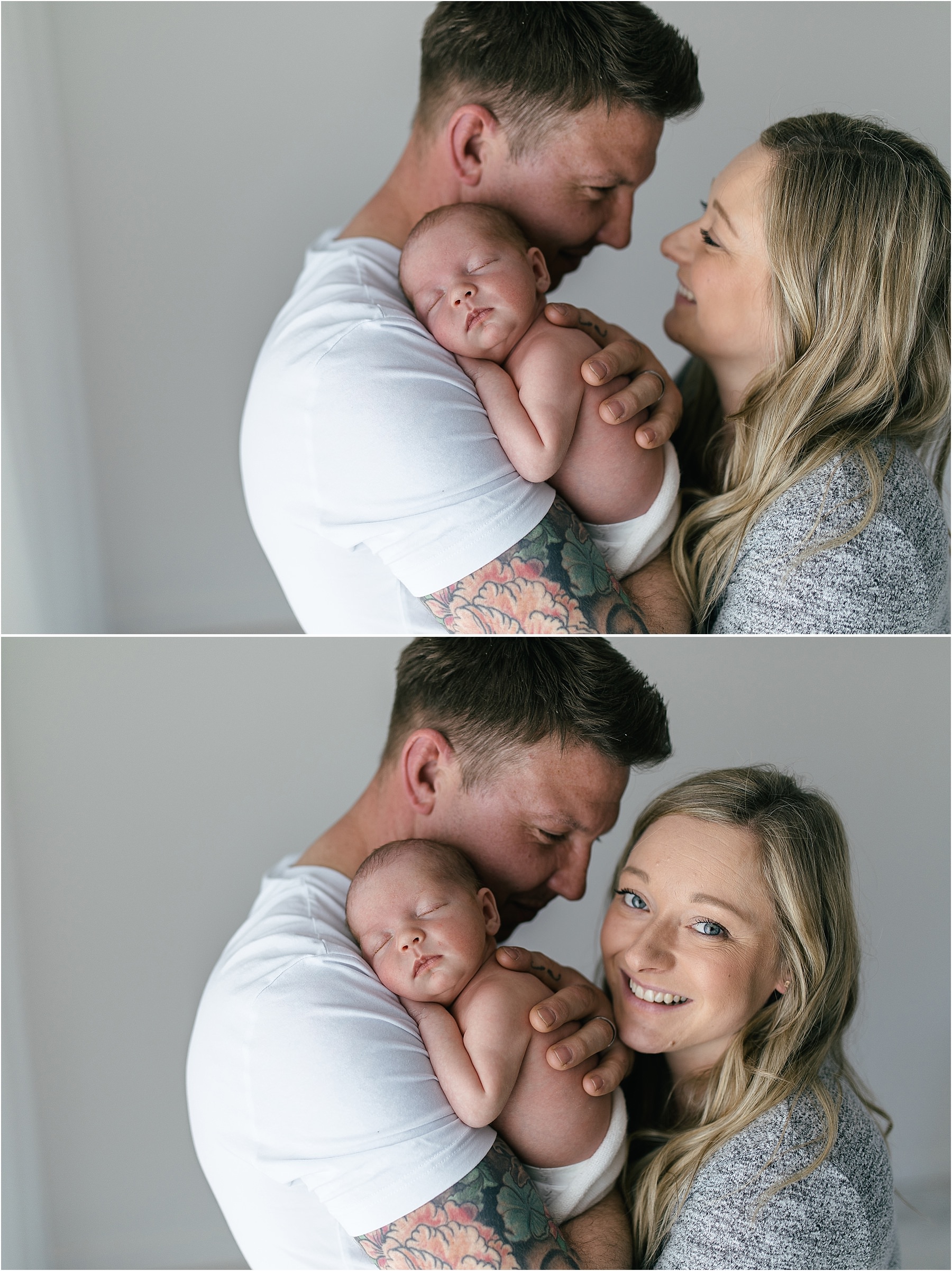 newborn baby with mum and dad in natural studio