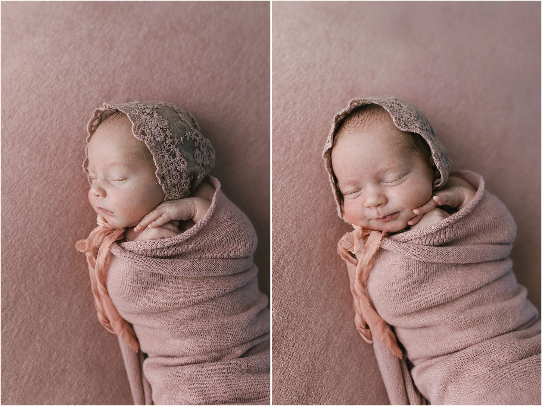 newborn in pink bonnet and blanket in natural studio